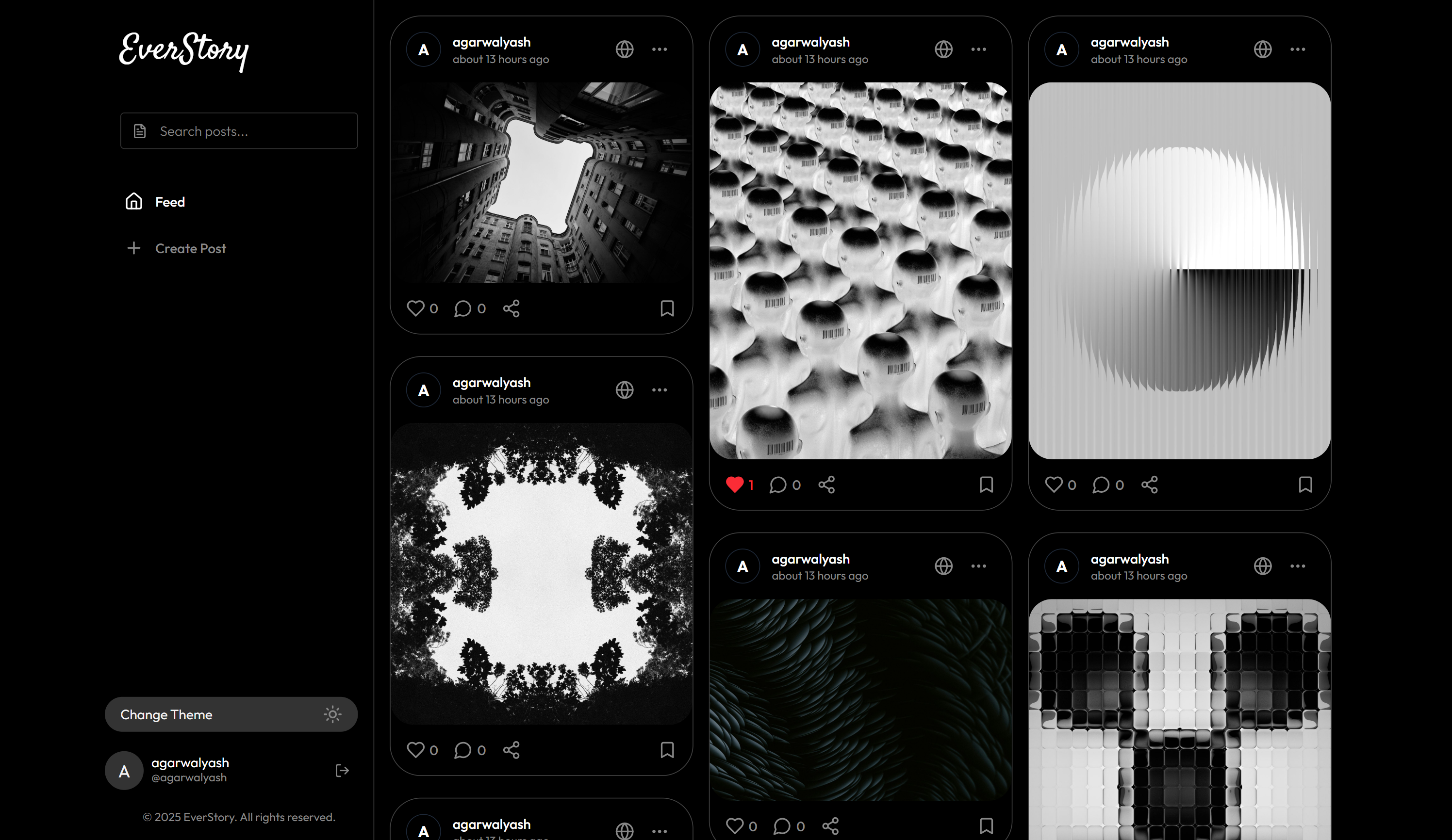 EverStory social feed showing a dark themed post with an abstract black-and-white image
