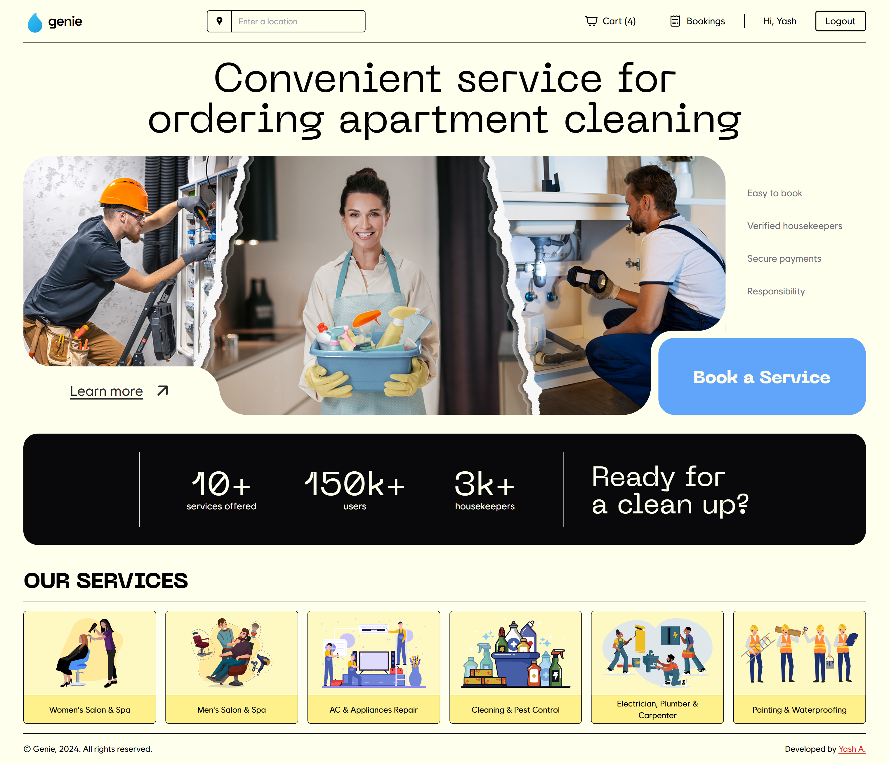 Genie service category page showing home services and booking options