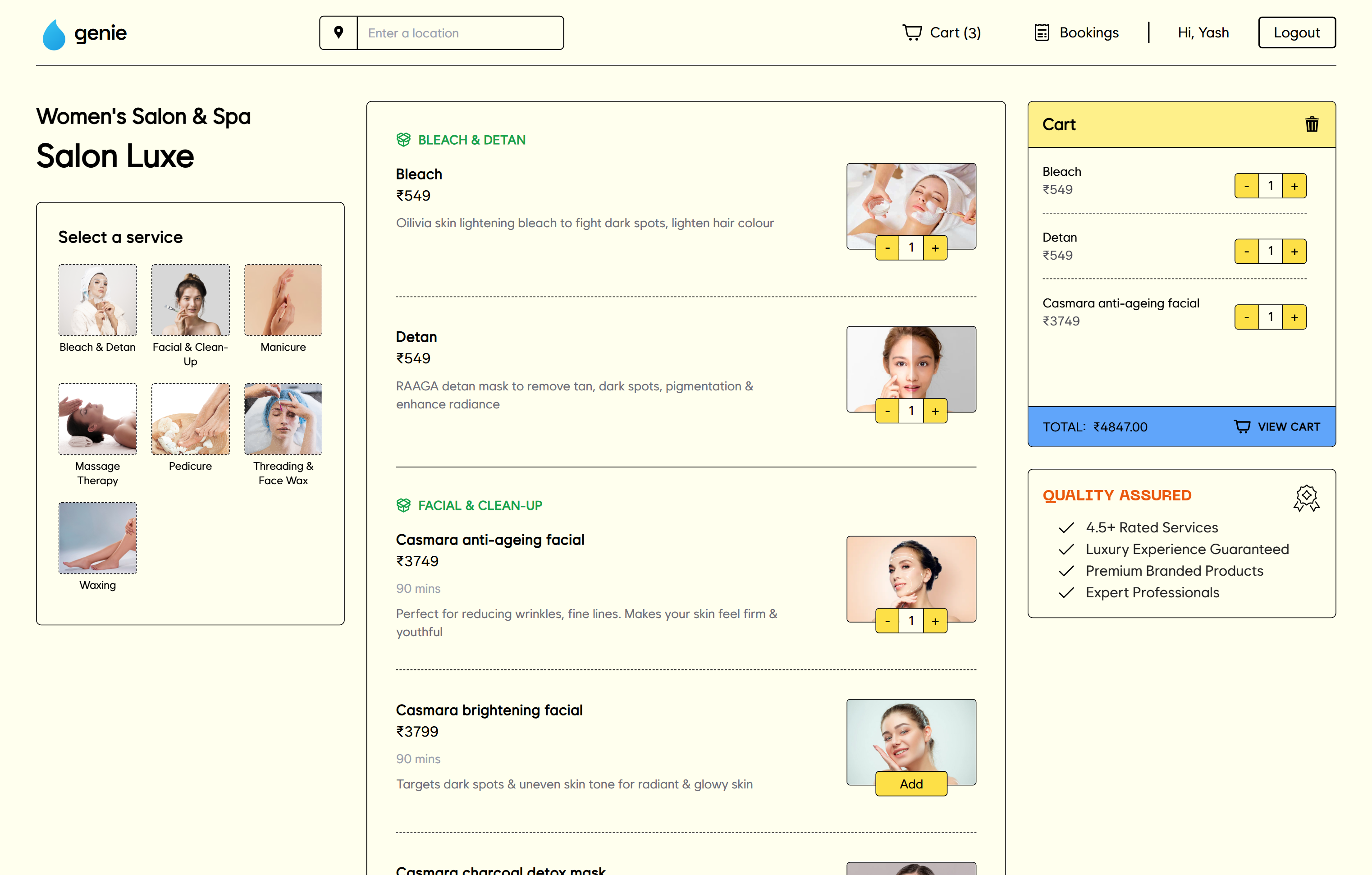 Genie service listing page showing facial treatments with prices and add-to-cart controls
