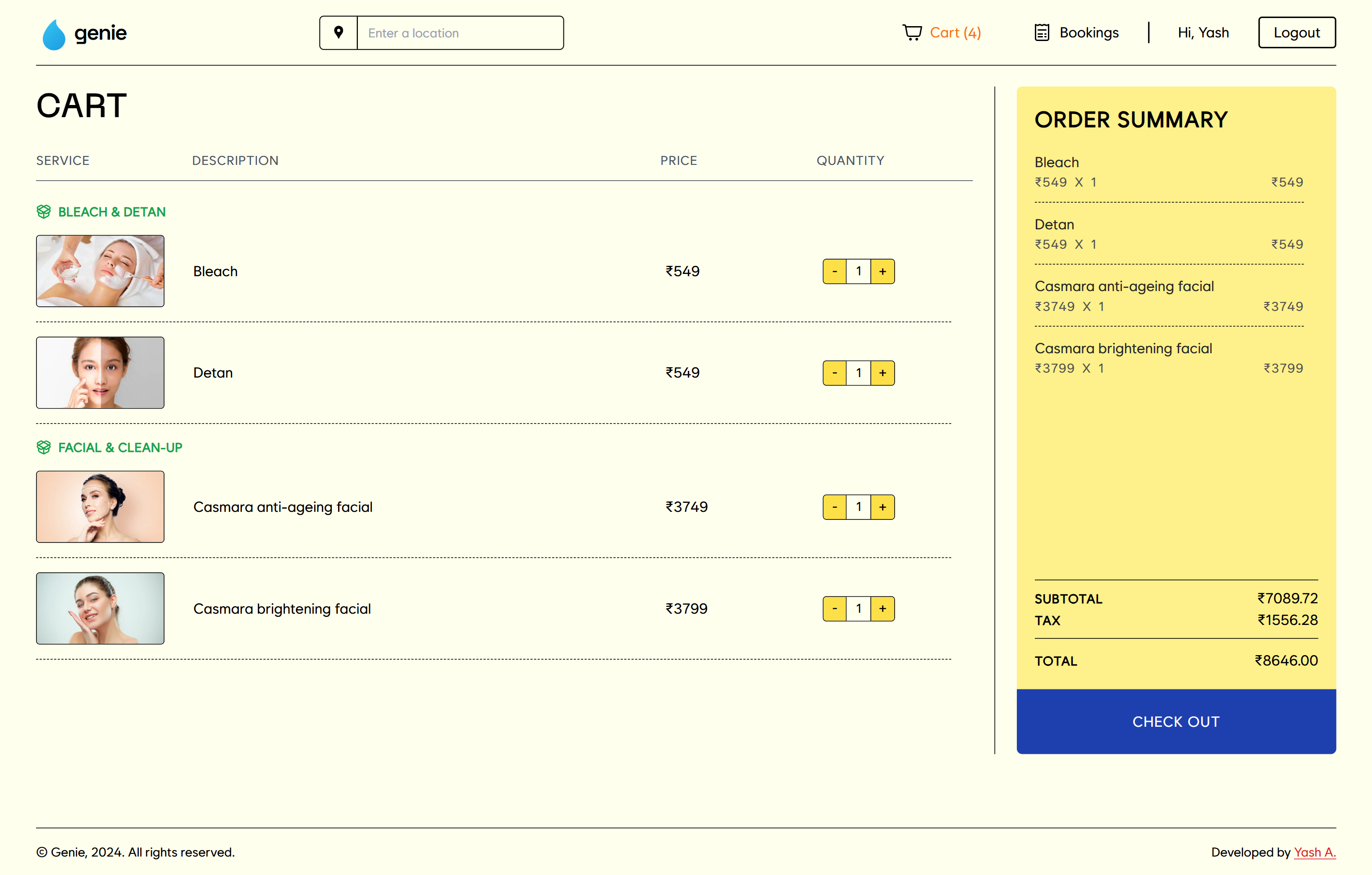 Genie shopping cart page showing selected services, quantities, and order summary