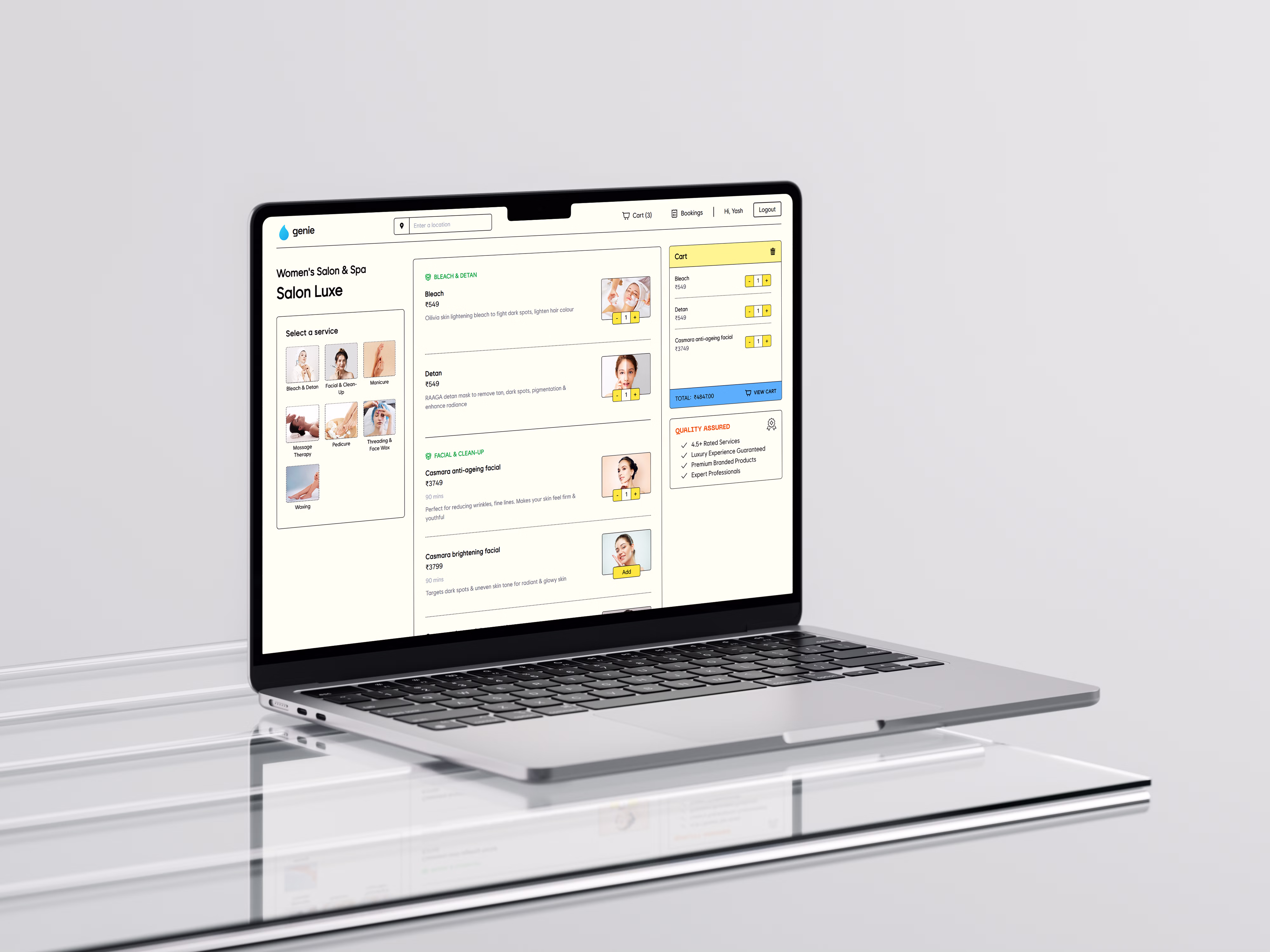 Genie service booking interface showing available services, prices, and cart items