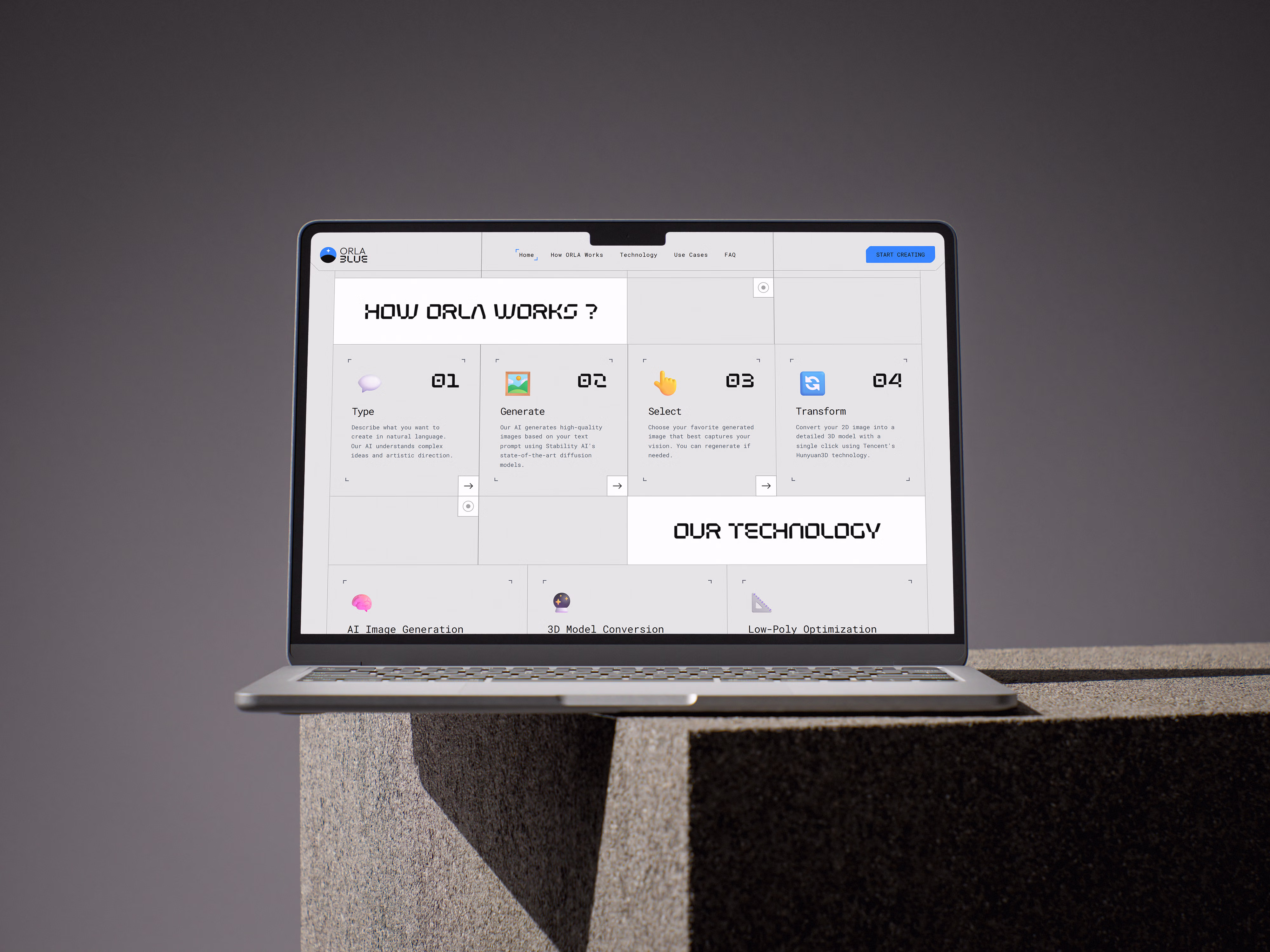 ORLA interface showing a generated 3D model being inspected in the browser viewer